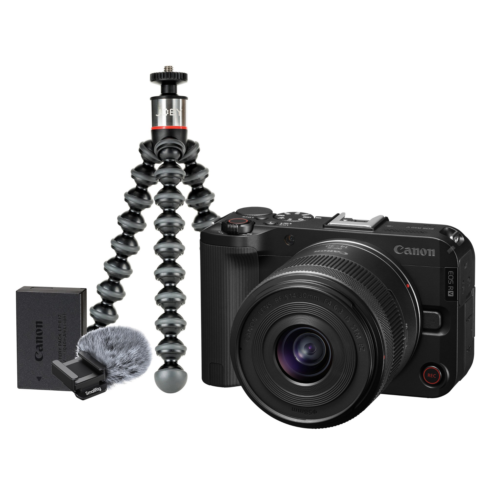 Canon CAN3593 Canon EOS R50V Mirrorless Camera inc RF-S 14-30mm Lens, Additional LP-E17 Battery,  SMALLRIG Wind Screen Kit and Joby GorillaPod 500