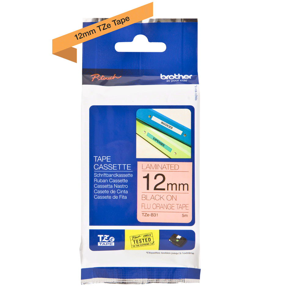 Brother TZE-B31 DirectLabel black on orange Laminat 12mm x 5m for Brother P-Touch TZ 3.5-18mm/6-12mm/6-18mm/6-24mm/6-36mm