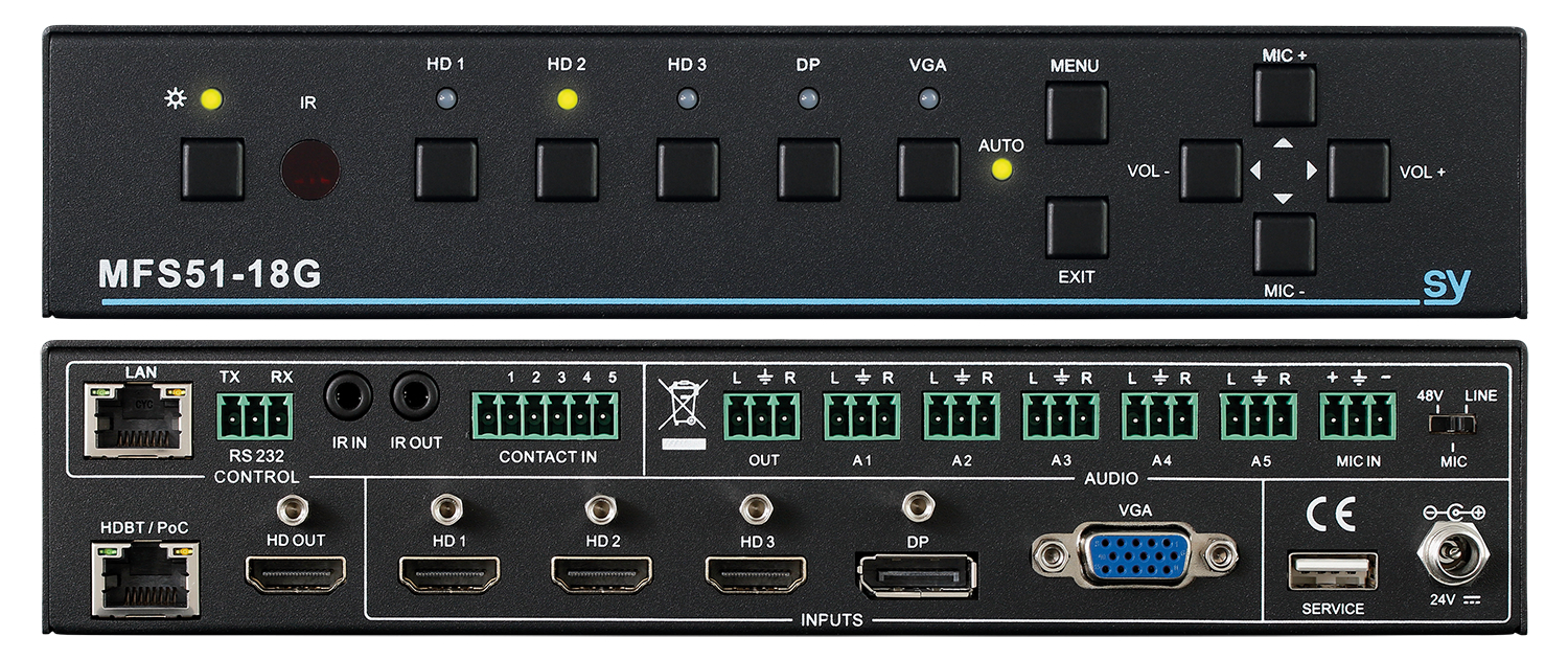 SY Electronics 18G HDMI 2.0 5 x1 Presentation Switcher - Includes HDBaseT Receiver.
