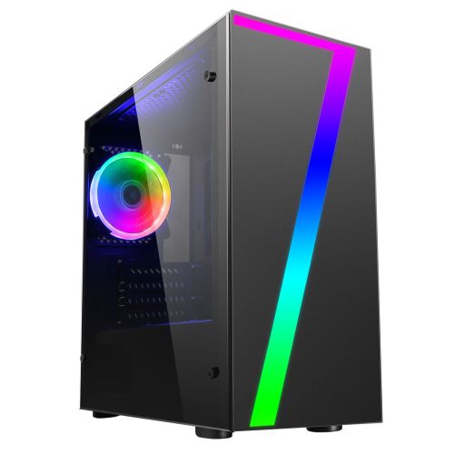 Seven Micro ATX Gaming Case with Window, No PSU, RGB Fan & Front Strip with Control Button, Acrylic
