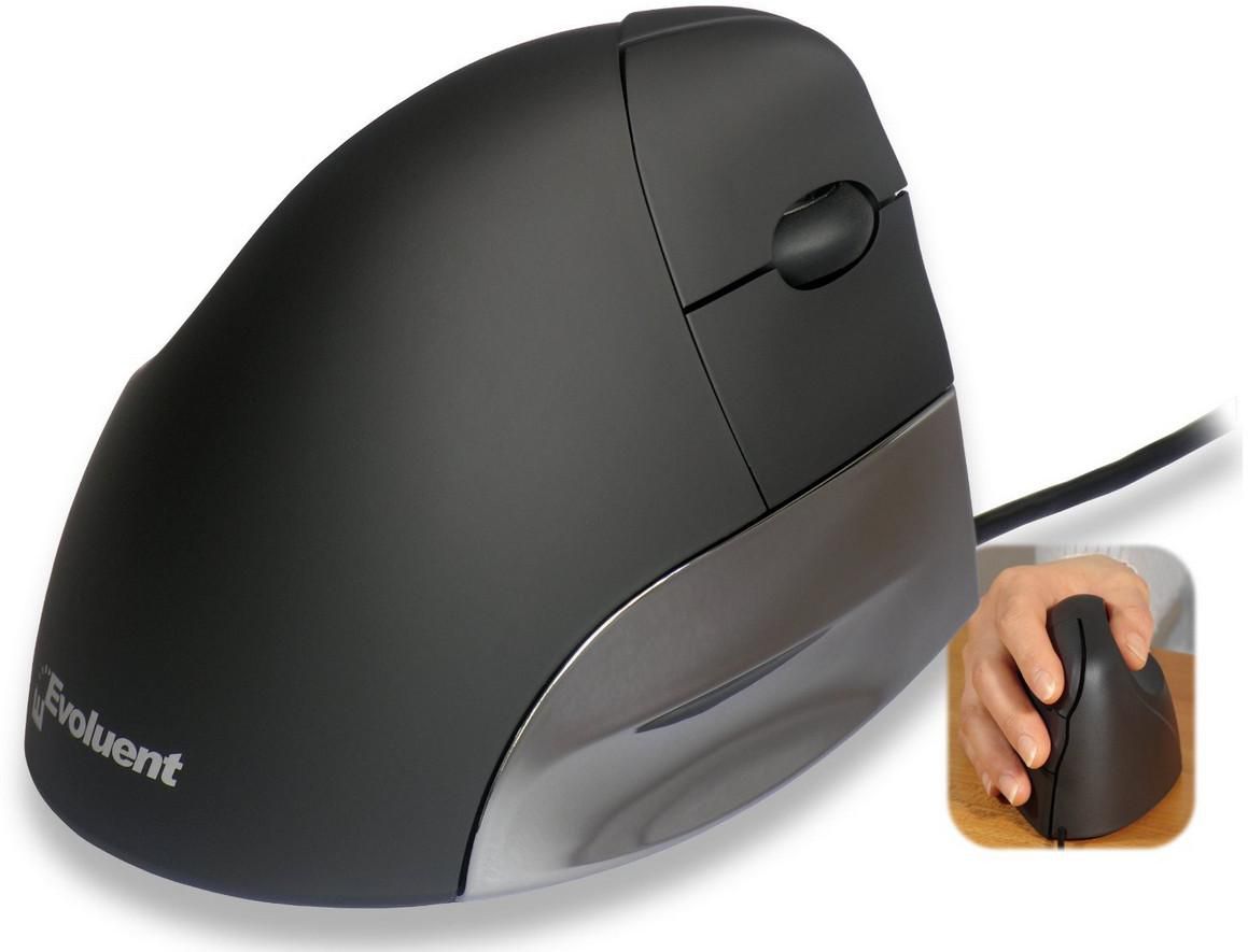 VMOUSSTDR EVOLUENT An Evoluent product. The RIGHT HANDED Standard VerticalMouse is a vertical patented mouse that supports your hand in a relaxed handshake position- and eliminates the arm twisting required by ordinary mice. Includes 3 buttons plus scroll and 1300 Dpi Red o