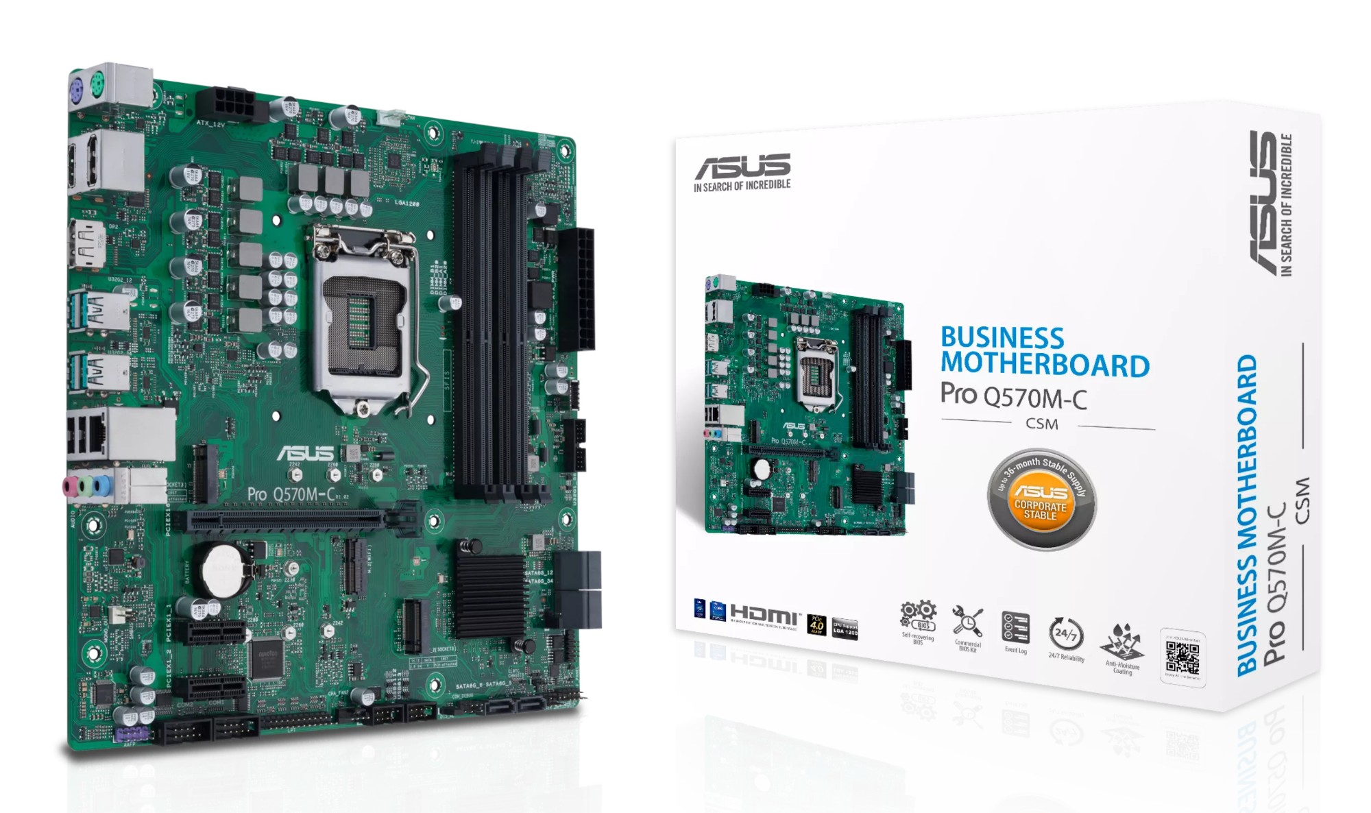 90MB1700-M0EAYC ASUS ASUS PRO Q570M-C/CSM S1200/2xDP-HDMI/2xM.2/24-7/vPro/ATX Business Series, 24/7 Ready. Available up to Q1-23