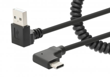 Manhattan USB-C to USB-A Charging Cable, 1m, Coiled Tangle-Resistant Design, Angled Connectors, Ideal for Charging Cabinets/Carts, Charge Only - No Data Sync, Black, Lifetime Warranty