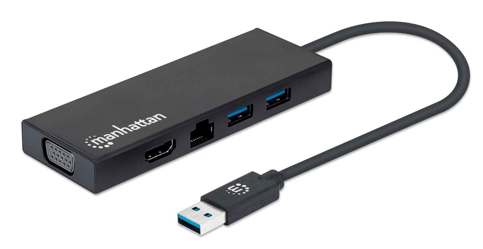 Manhattan USB-A 4-Port Hub/Dock/Converter, USB-A to HDMI, VGA, 2x USB-A and Ethernet, HDMI: 4k@60Hz, USB-A: 5 Gbps, VGA: 2048x1152@60Hz, Gigabit, Micro-USB Power Input Port (Optional, only when additional power needed. Not required for dual monitor functi