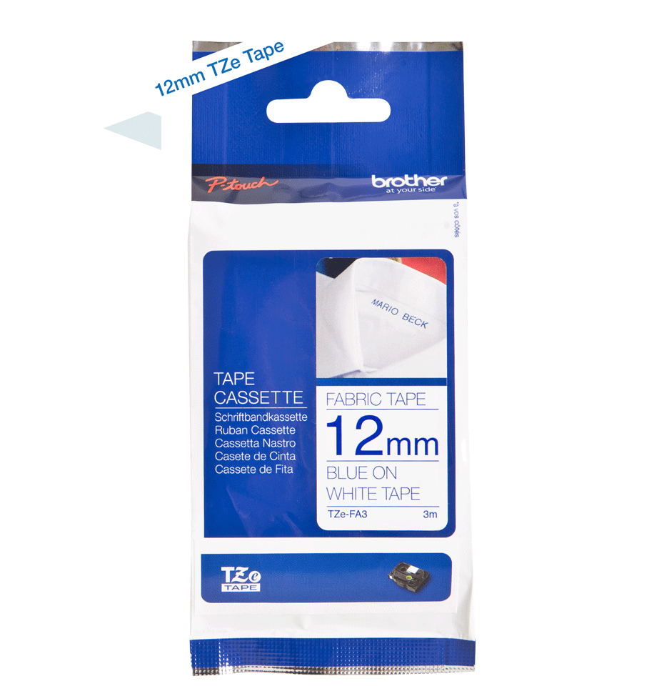 Brother TZE-FA3 DirectLabel Textile ribbon blue on white 12mm x 3m for Brother P-Touch TZ 3.5-18mm/6-12mm/6-18mm/6-24mm/6-36mm