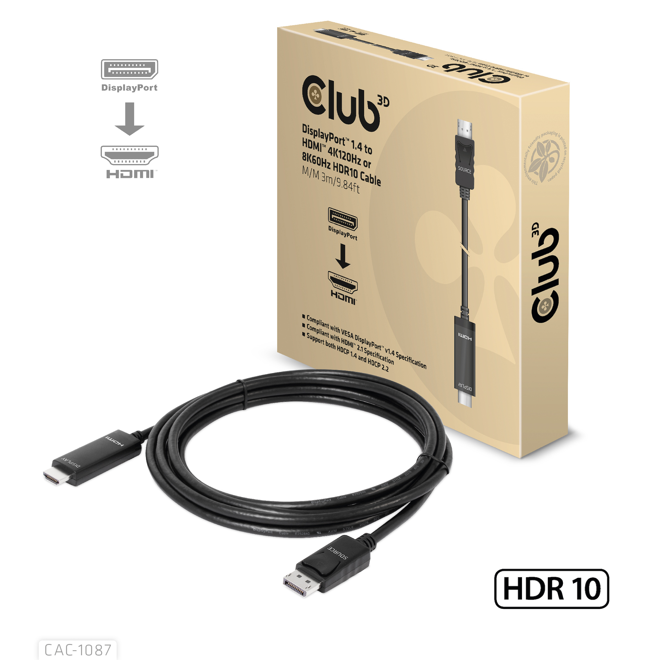 Image of CLUB3D DisplayPort 1.4 to HDMI 4K120Hz or 8K60Hz HDR10 Cable M/M...