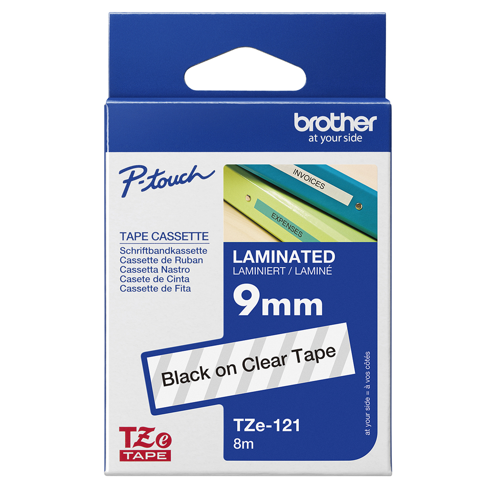 Brother P-Touch TZe Lam Tape Cassette 9mm x 8m Black on Clear Tape TZE121