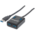 Manhattan USB-A 4-Port Hub, 4x USB-A Ports, 5 Gbps (USB 3.2 Gen1 aka USB 3.0), Bus Power, Equivalent to Startech ST4300MINU3B, Fast charging x1 Port up to 0.9A or x4 Ports with power jack (not included), SuperSpeed USB, Black, Three Year Warranty, Blister