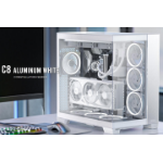 Antec C8 Aluminum White E-ATX Seamless Edge View Front and Side, USB-C, 4mm Tempered Glass, 360mm liquid cooler top, bottom, side. 2x USB 3.0 Case.