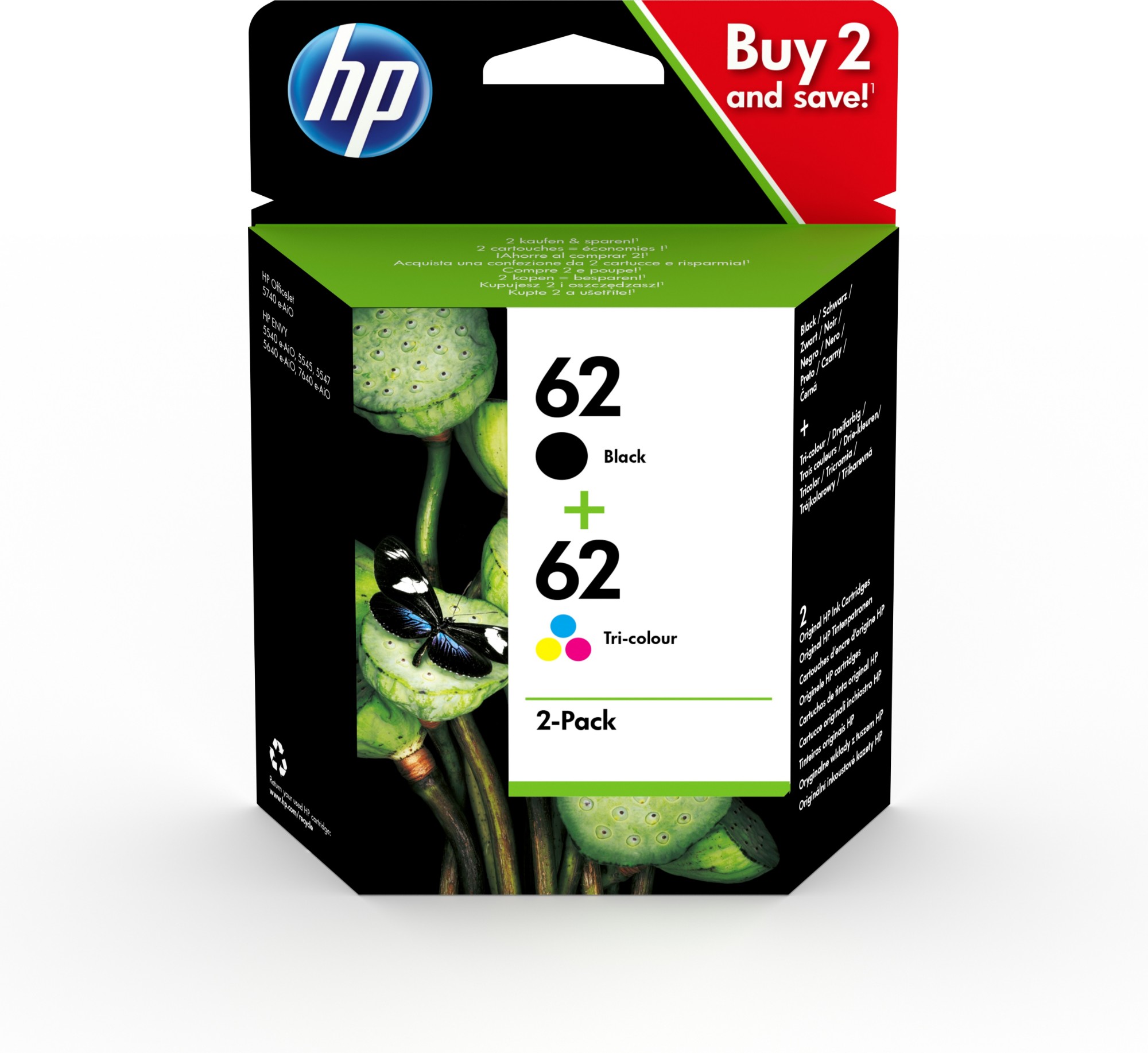 HP 62 Inkjet Cartridges 2-Pack Black and Tri-Colour CMY N9J71AE