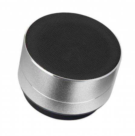 Manhattan Metallic Bluetooth Speaker (Clearance Pricing), Splashproof, Range 10m, microSD card reader, Aux 3.5mm connector, USB-A charging cable included (5V charging), Silver, Three Years Warranty