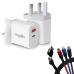 Maplin 2 Port USB Wall Charger with 3-in-1 USB-C to USB-C, Lightning & Micro-USB Cable, 1.2m