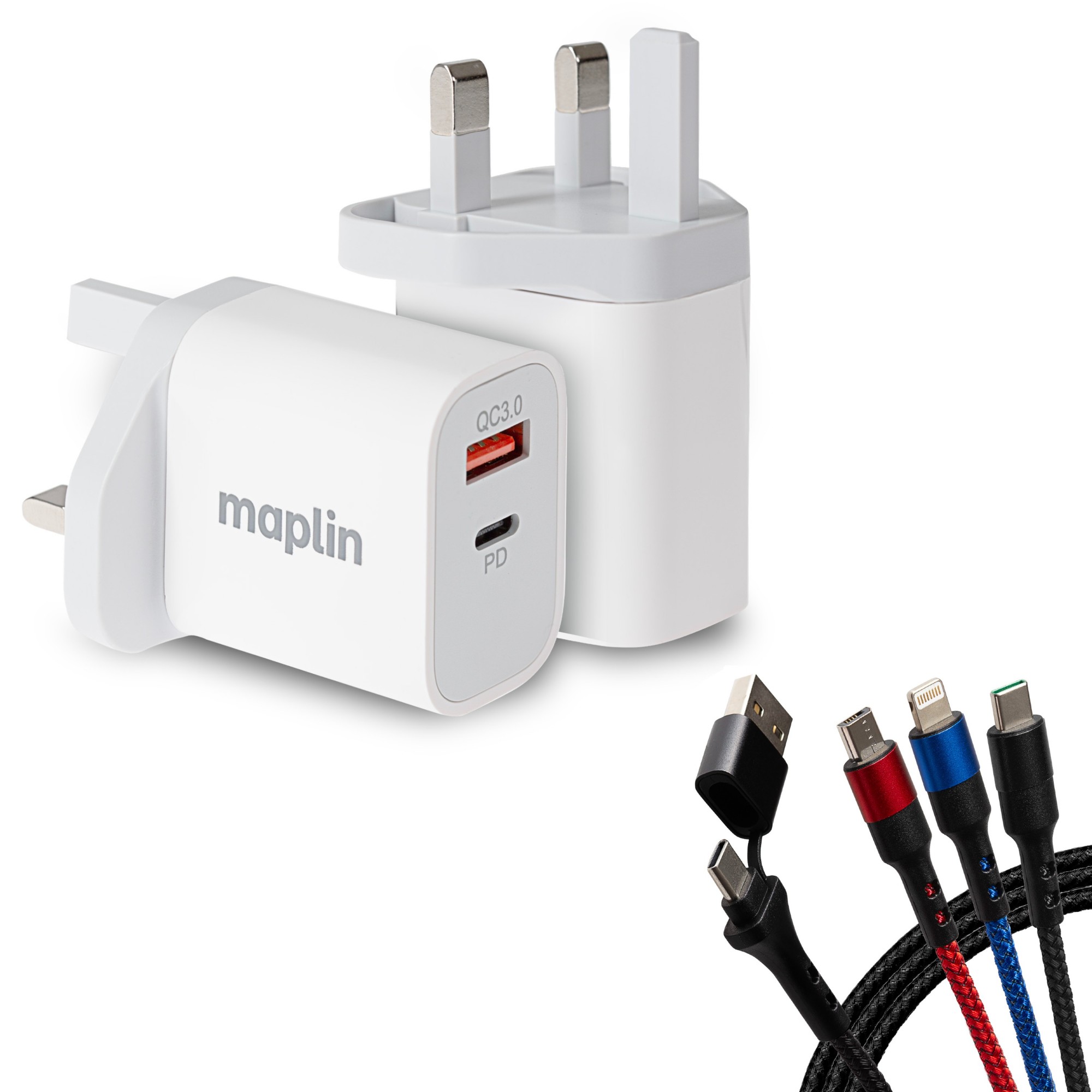 2 Port USB Wall Charger with 3-in-1 USB-C to USB-C, Lightning & Micro-USB Cable, 1.2m thumbnail