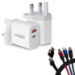 Maplin 2 Port USB Wall Charger with 3-in-1 USB-C to USB-C, Lightning & Micro-USB Cable, 1.2m