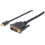 Manhattan Mini DisplayPort 1.2a to DVI-D 24+1 Cable, 1080p@60Hz, 1.8m, Male to Male, Compatible with DVI-I Displays, Black, Lifetime Warranty
