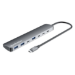 Manhattan USB-C Dock/Hub, Ports (x7): USB-A (x3) and USB-C (x4), with Power Delivery (PD) 100W- requires external USB-C charger (not included). USB powered (no external power supply required) when PD is not in use, Aluminium