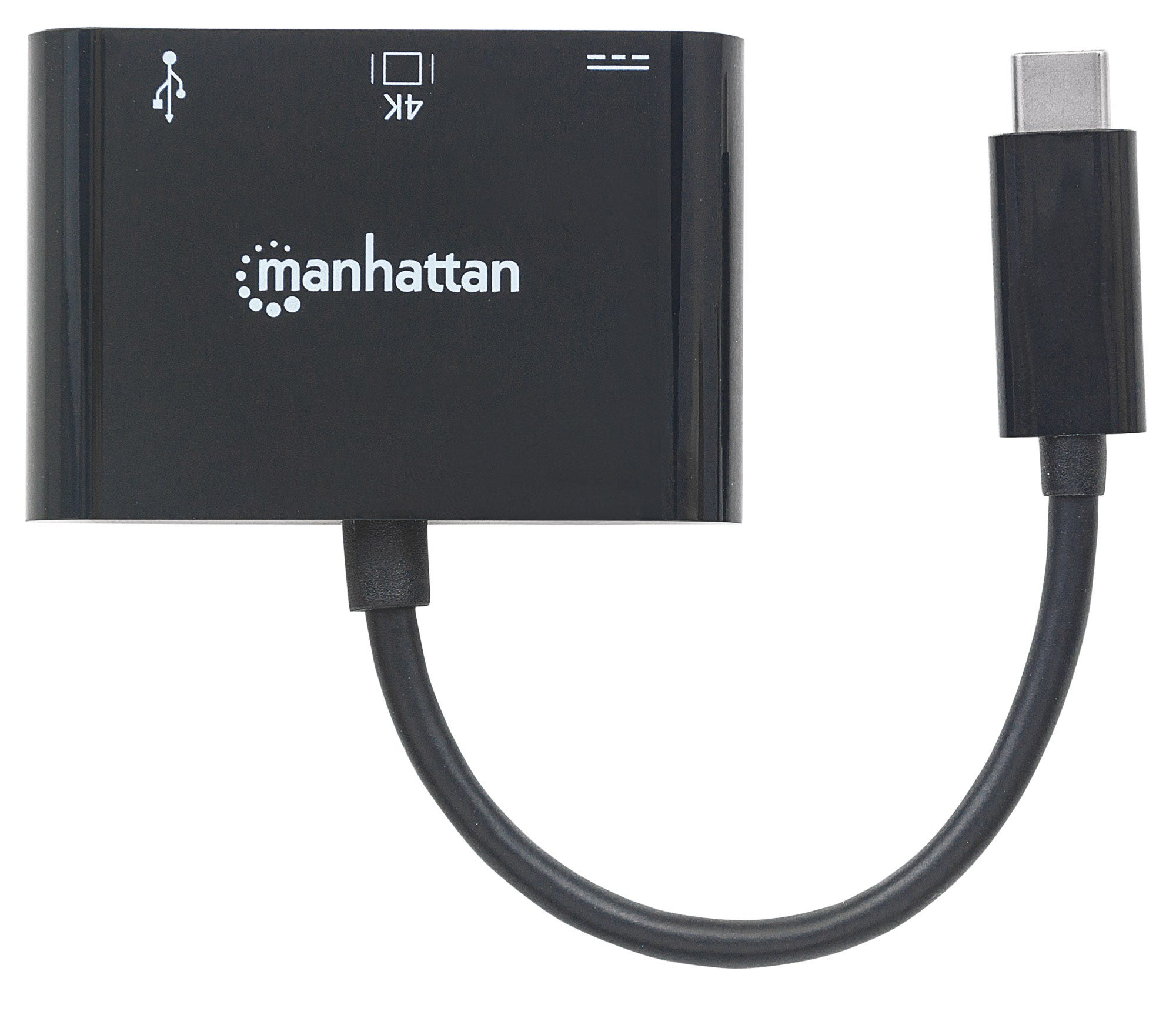 Manhattan USB-C 3-Port Hub/Dock/Converter, USB-C to HDMI, USB-C (including Power Delivery) and USB-A Ports, 5 Gbps (USB 3.2 Gen1 aka USB 3.0), HDMI 4K video: 1080p@60Hz or 3840x2160p@30Hz, Male to Females, Cable 8cm, Black, Blister
