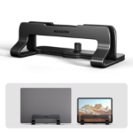 Axagon STND-VB Aluminum stand for vertical insertion of laptops sized 10"–17.3". Adjustable slot width 9.5–25.5 mm. Black version.