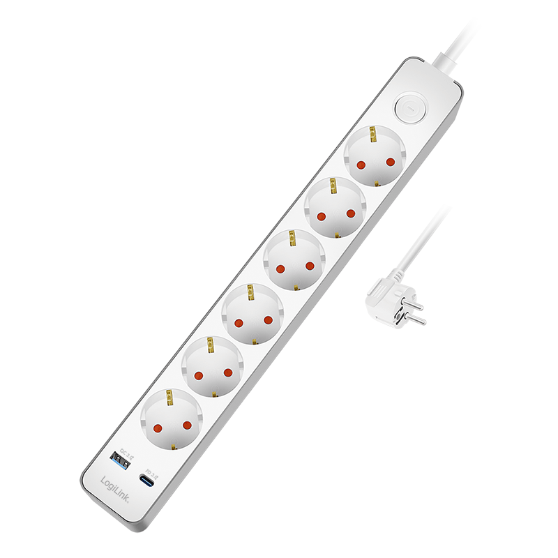 LogiLink Outlet Strip, 6 safety sockets, w/ 1x USB-A, 1x USB-C, 20W PD, w/ push switch