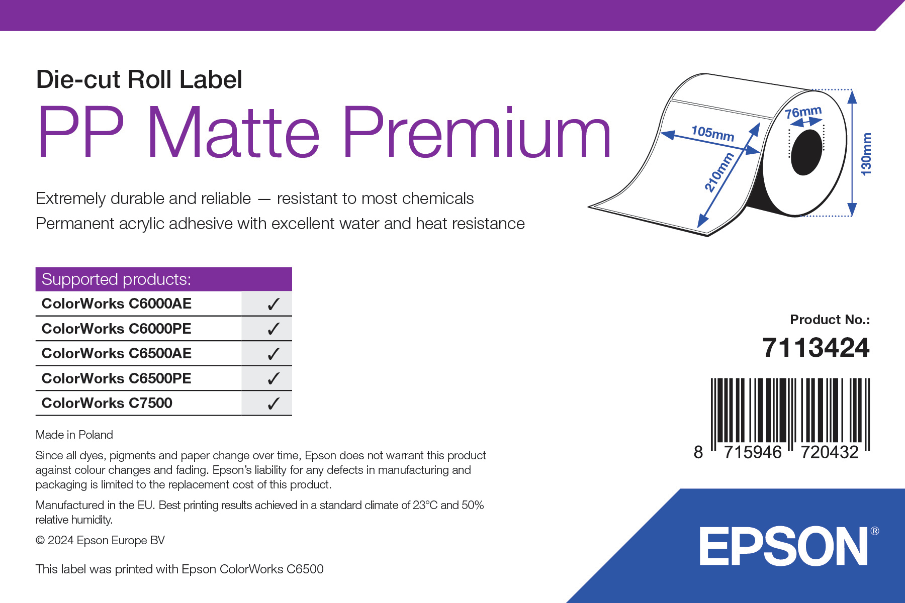 Epson PP Matte Label Premium. Die-cut Roll. 105mm x 210mm. 259 Labels