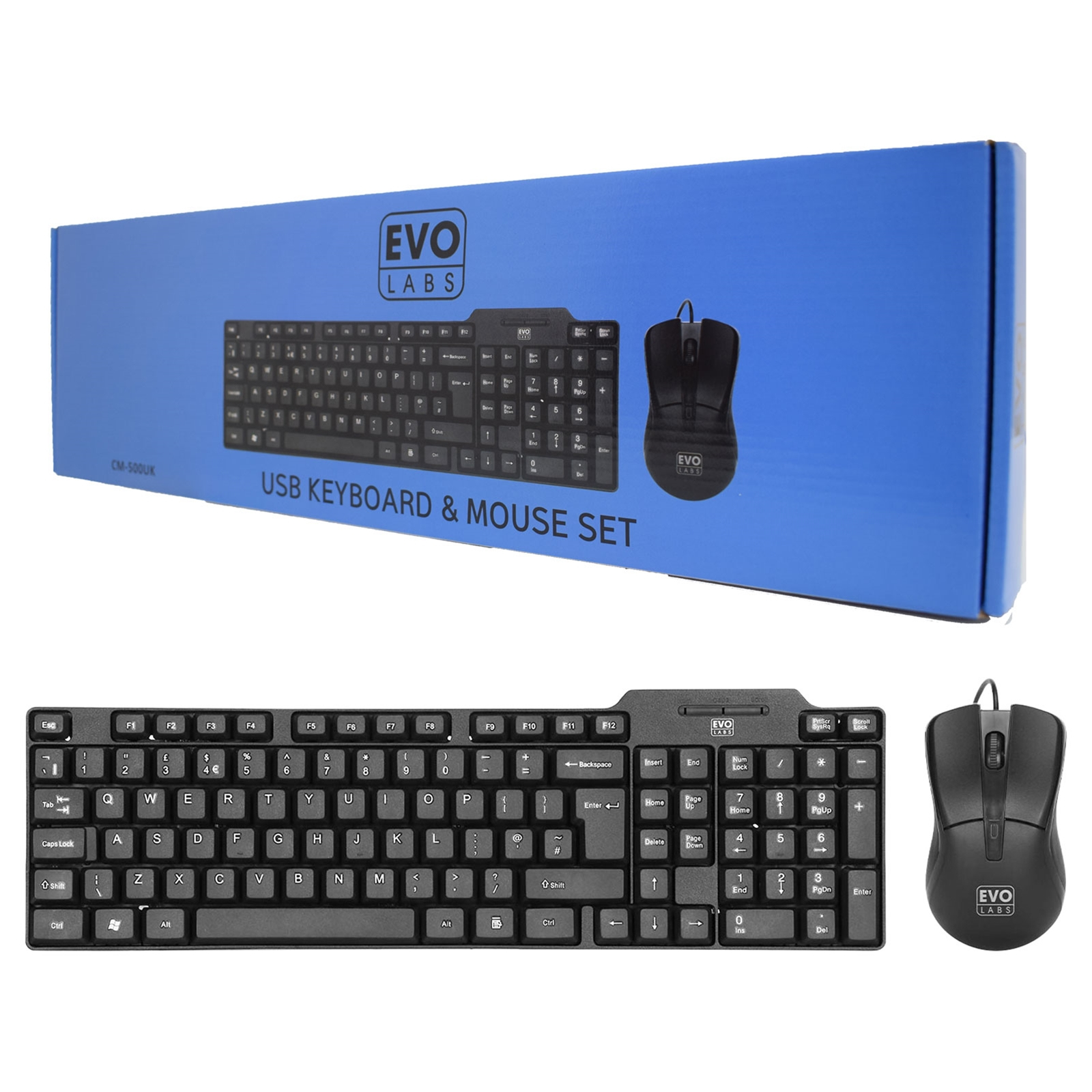 CM-500UK EVO LABS CM-500UK Wired Keyboard and Mouse Combo Set, USB Plug and Play, Full Size Qwerty UK Layout Keyboard with Optical Sensor Mouse, Ideal for Home or Office, Black