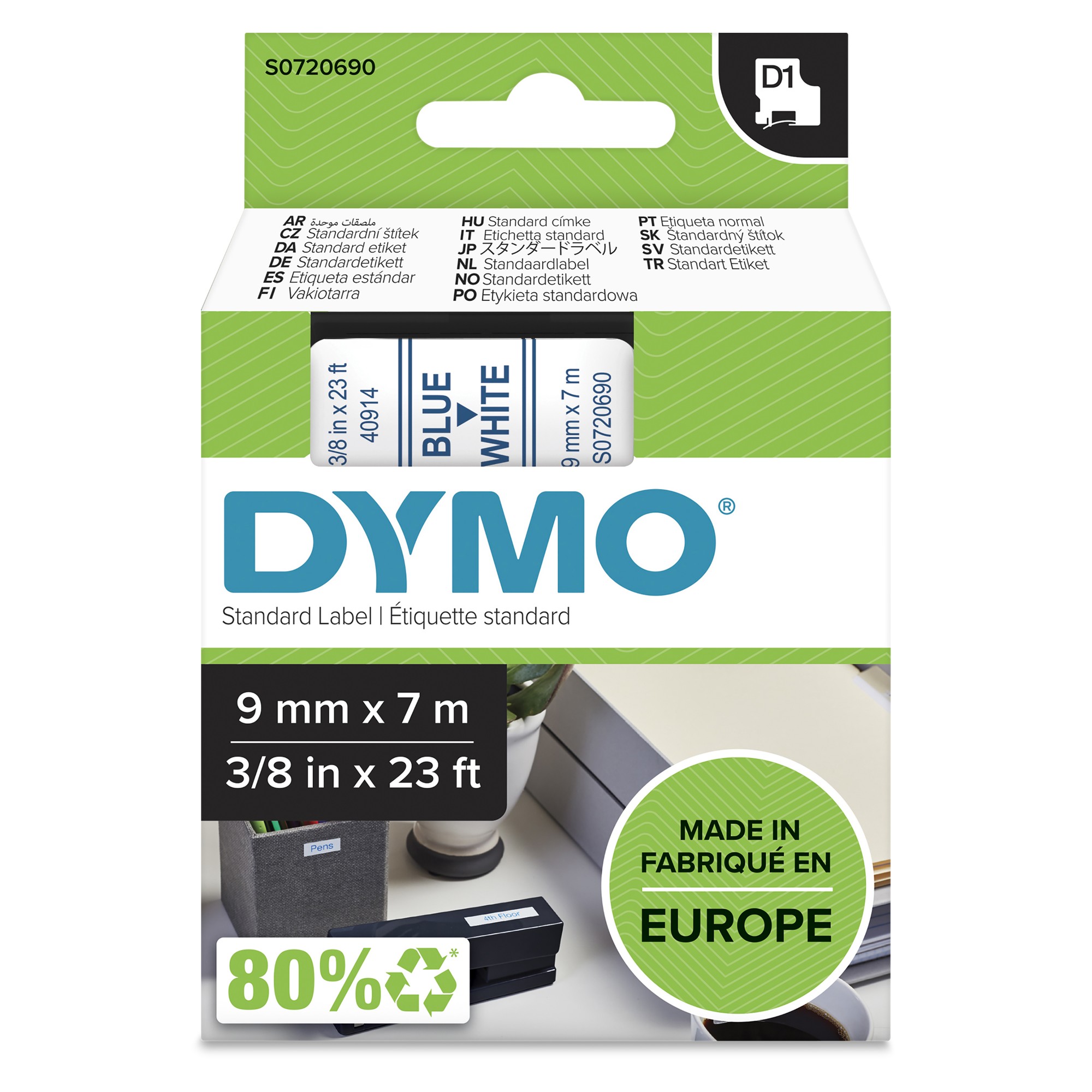 Dymo 40914/S0720690 DirectLabel-etikettes blue on white 9mm x 7m for D