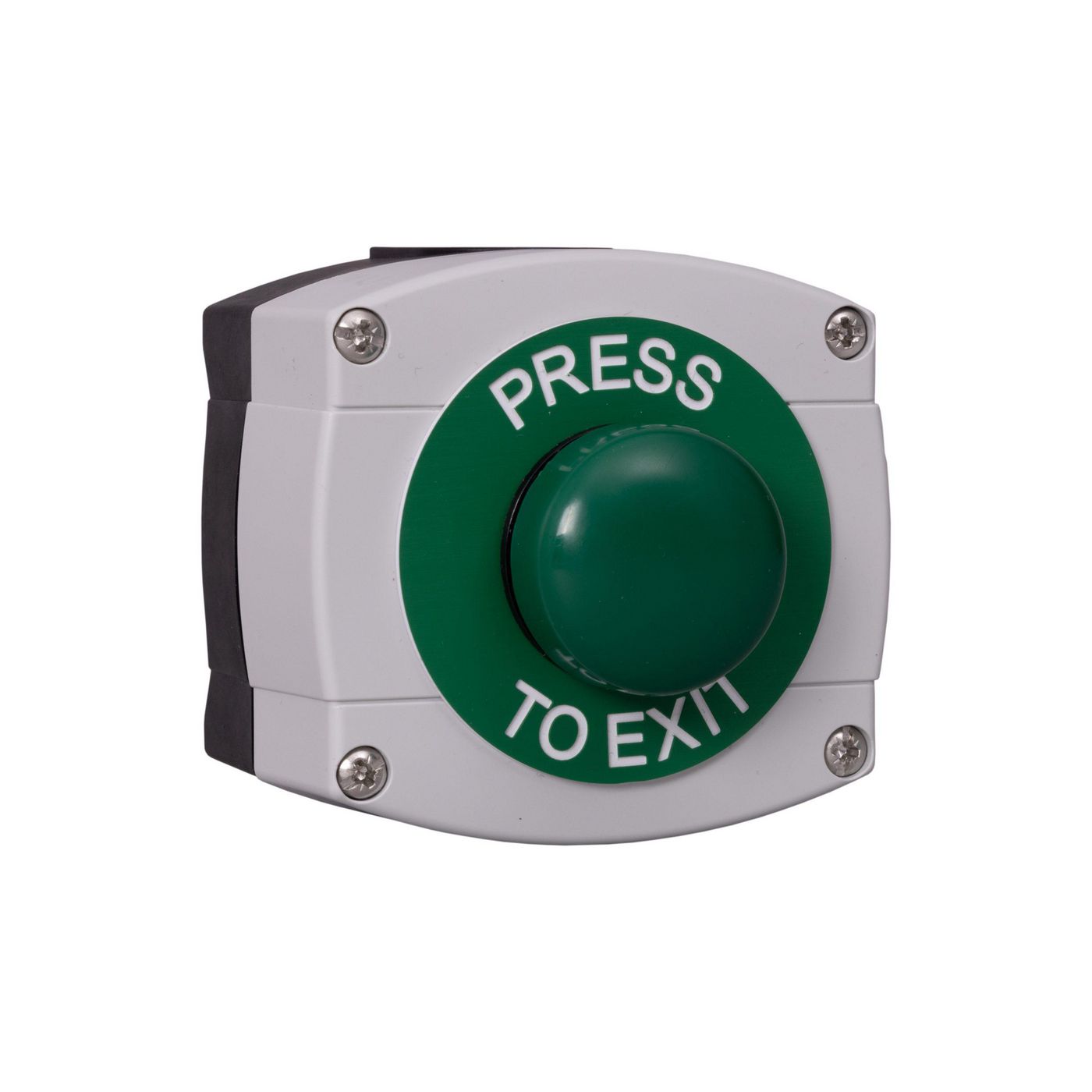 Weatherproof IP66 rated  plastic housing in Grey/Black  with Green Dome Button. Surface mounted. PRESS TO EXIT