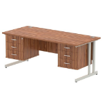 Dynamic Impulse W1800 x D800 x H730mm Straight Office Desk Cantilever Leg With 2x3 Drawer Double Fixed Pedestal Walnut Finish Silver Frame - MI001946 DD