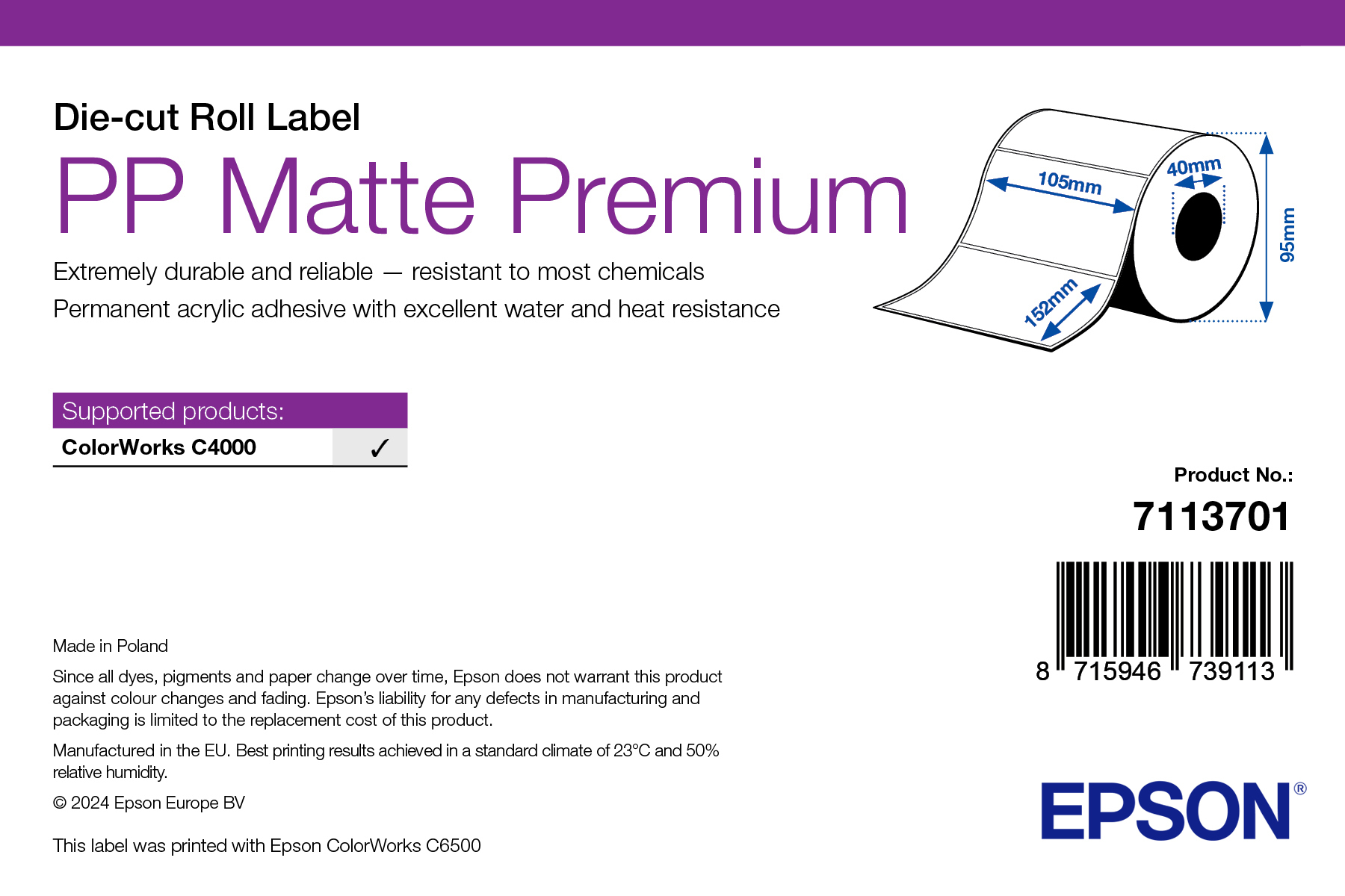 Epson PP Matte Label Premium. Die-cut Roll. 105mm x 152mm. 185 Labels