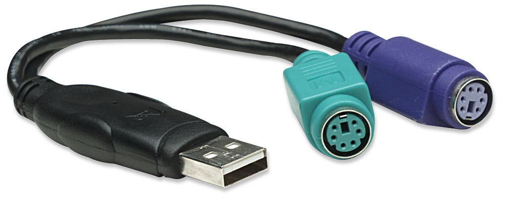 Manhattan USB-A to PS/2 Converter cable, 15cm, Male to Female, Connects Two PS/2 Devices via One USB-A Port, Black, Blister