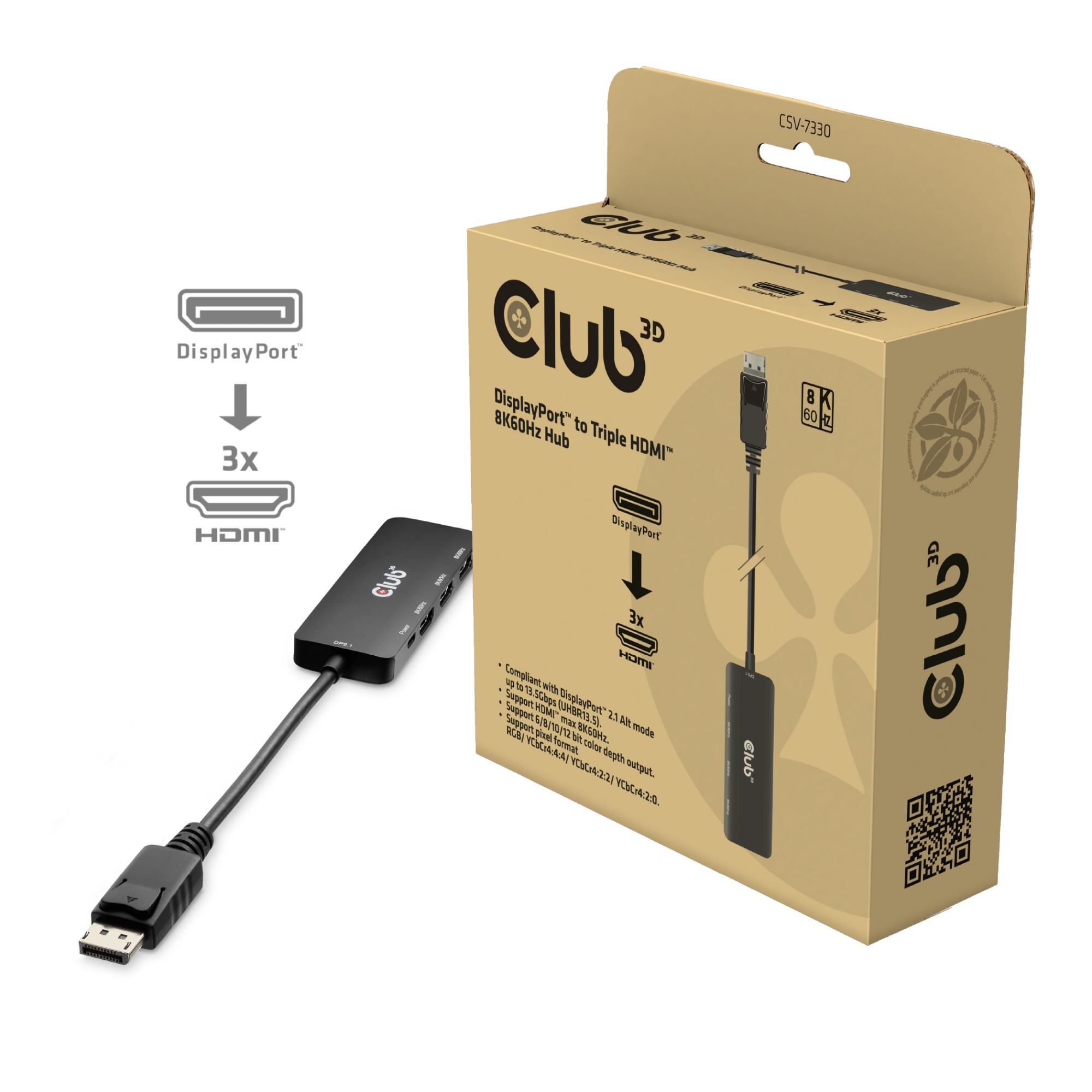 CLUB3D DisplayPortâ„¢ to Triple HDMIâ„¢ 8K60Hz Hub