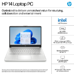 HP Laptop 14-dq6001na Intel® N N150 35.6 cm (14") HD 4 GB DDR4-SDRAM Wi-Fi 6 (802.11ax) Windows 11 Home in S mode Blue