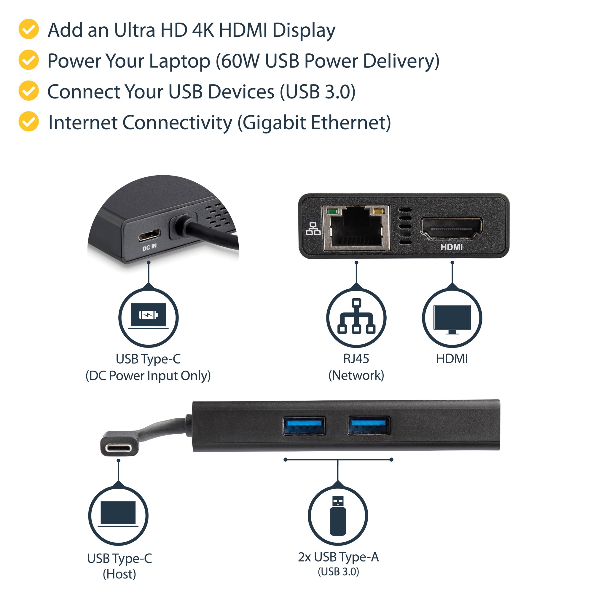 StarTech.com USB-C Multiport Adapter - USB-C Travel Docking Station with 4K HDMI - 60W Power Delivery Pass-Through, GbE, 2pt USB-A 3.0 Hub - Portable Mini USB Type-C Dock for Laptop