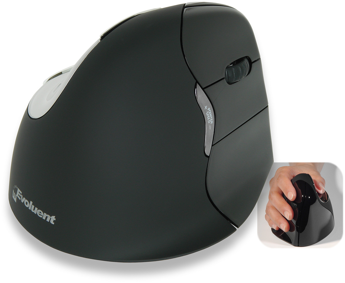 VMOUS4RL-MAC EVOLUENT An Evoluent product. RIGHT HANDED Evoluent VerticalMouse 4 Bluetooth in Black- suitable for MAC OS only. Patented vertical mouse that supports your hand in a relaxed handshake position- and eliminates the arm twisting required by ordinary mice. The 4 is t