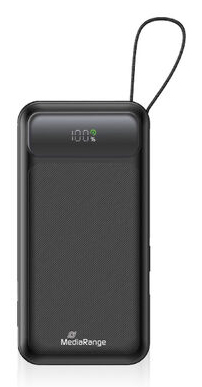 MediaRange Powerbank 10.000mAh with integrated charging cables and LC-Display, USB-C Power Delivery and Quick Charge enabled, black