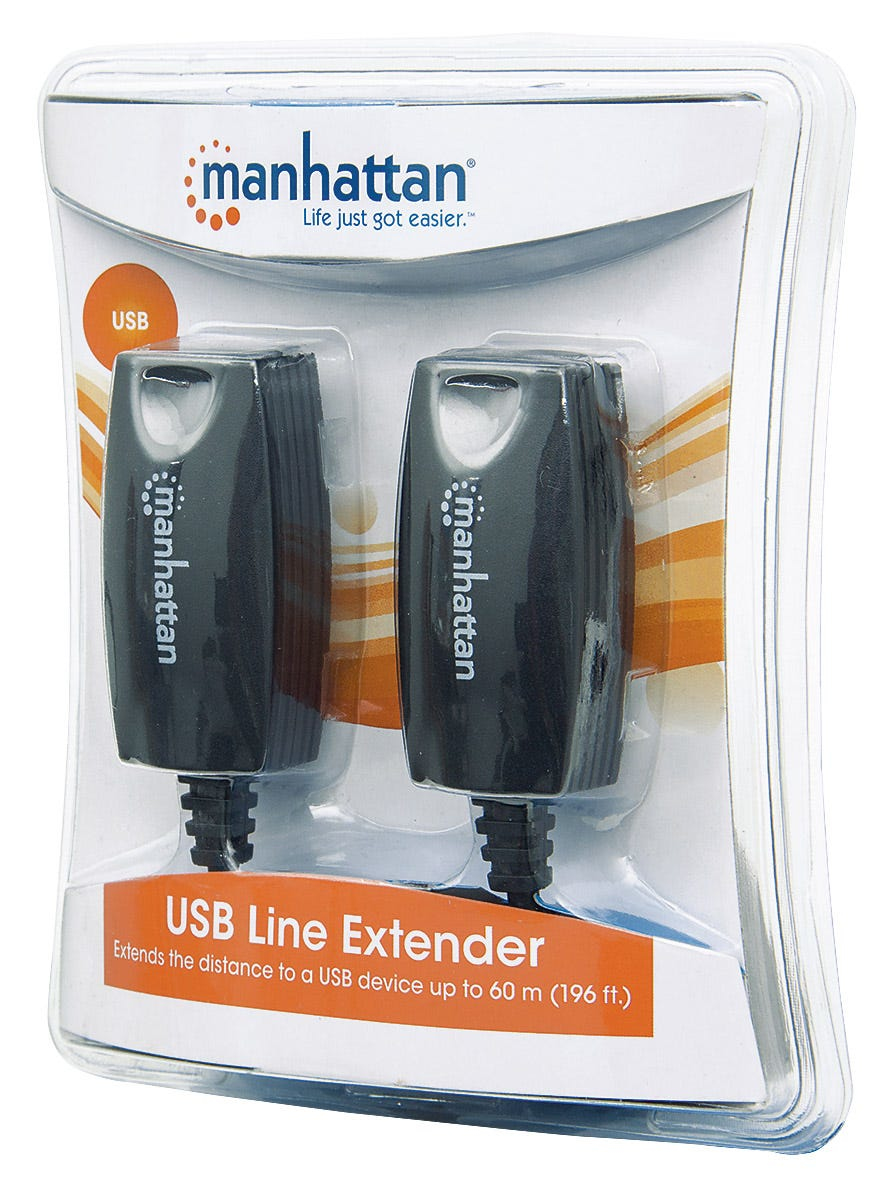 Manhattan USB-A Line Extender, for use with RJ45 network cable (not included), extends USB Device up to 60m, bus power, Cat5e/Cat6/Cat6A RJ45 network cables suitable, Black, Three Year Warranty, Blister