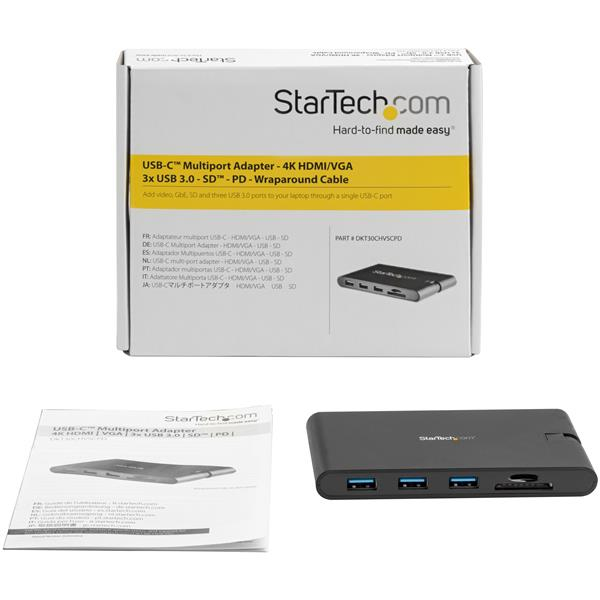 StarTech.com USB C Multiport Adapter - USB Type-C Mini Dock with HDMI 4K or VGA 1080p Video - 100W Power Delivery Passthrough, 3-port USB 3.0 Hub, GbE, SD &amp; MicroSD - Laptop Travel Dock