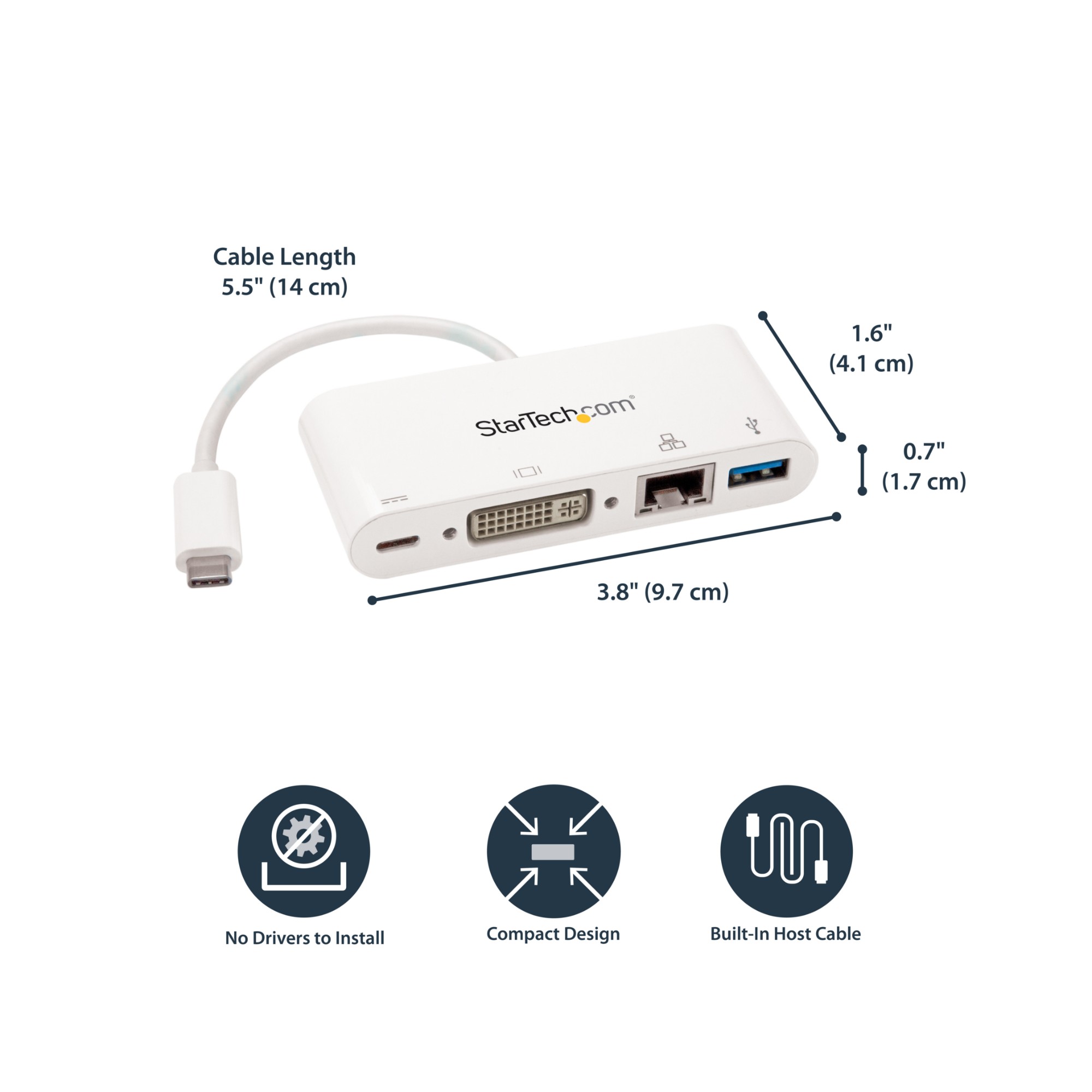StarTech.com USB C Multiport Adapter - USB-C to DVI-D (Digital) Video Adapter with 60W Power Delivery Passthrough Charging, GbE, USB-A - Portable USB Type-C/Thunderbolt 3 Mini Laptop Dock