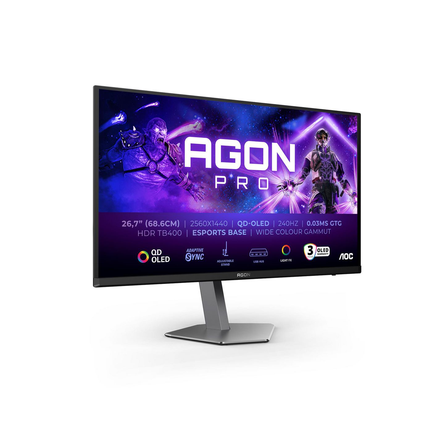 AOC AGON PRO AG276QZD2 - OLED monitor - gaming - 27" (26.7" viewable) - 2560 x 1440 QHD @ 240 Hz - 250 cd/m? - 15000000:1 - DisplayHDR 400 True Black - 0.03 ms - 2xHDMI, 2xDisplayPort - speakers - dark grey