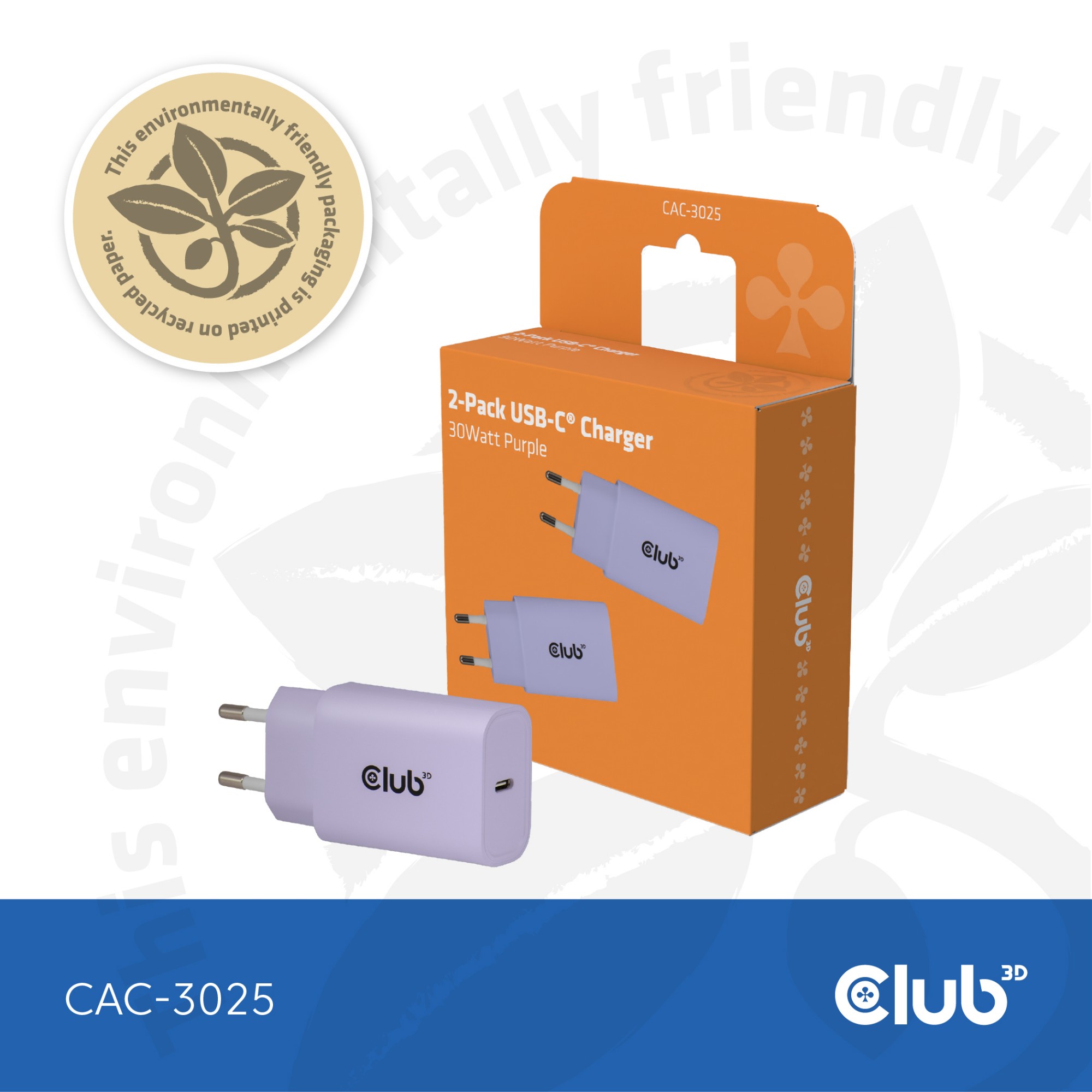 CLUB3D 2-Pack USB-CÂ® Charger 30Watt Purple