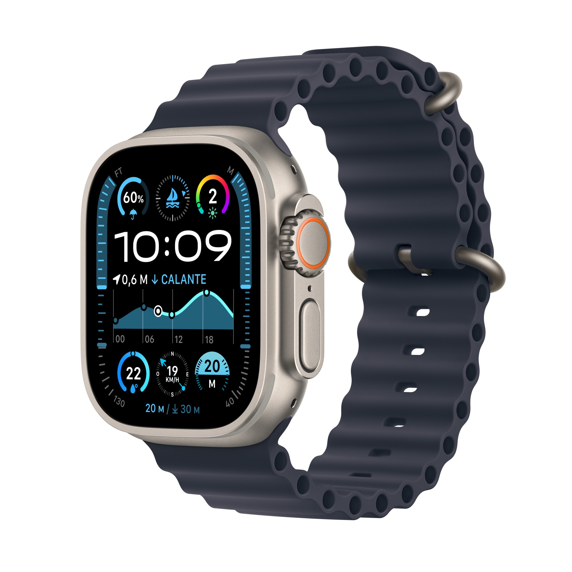 Apple Watch Ultra 2 - 49 mm - natural titanium - smart watch with Ocean band - fluoroelastomer - navy - wrist size: 130-200 mm - 64 GB - LTE, Wi-Fi 4, UWB, Bluetooth - 4G - 61.4 g