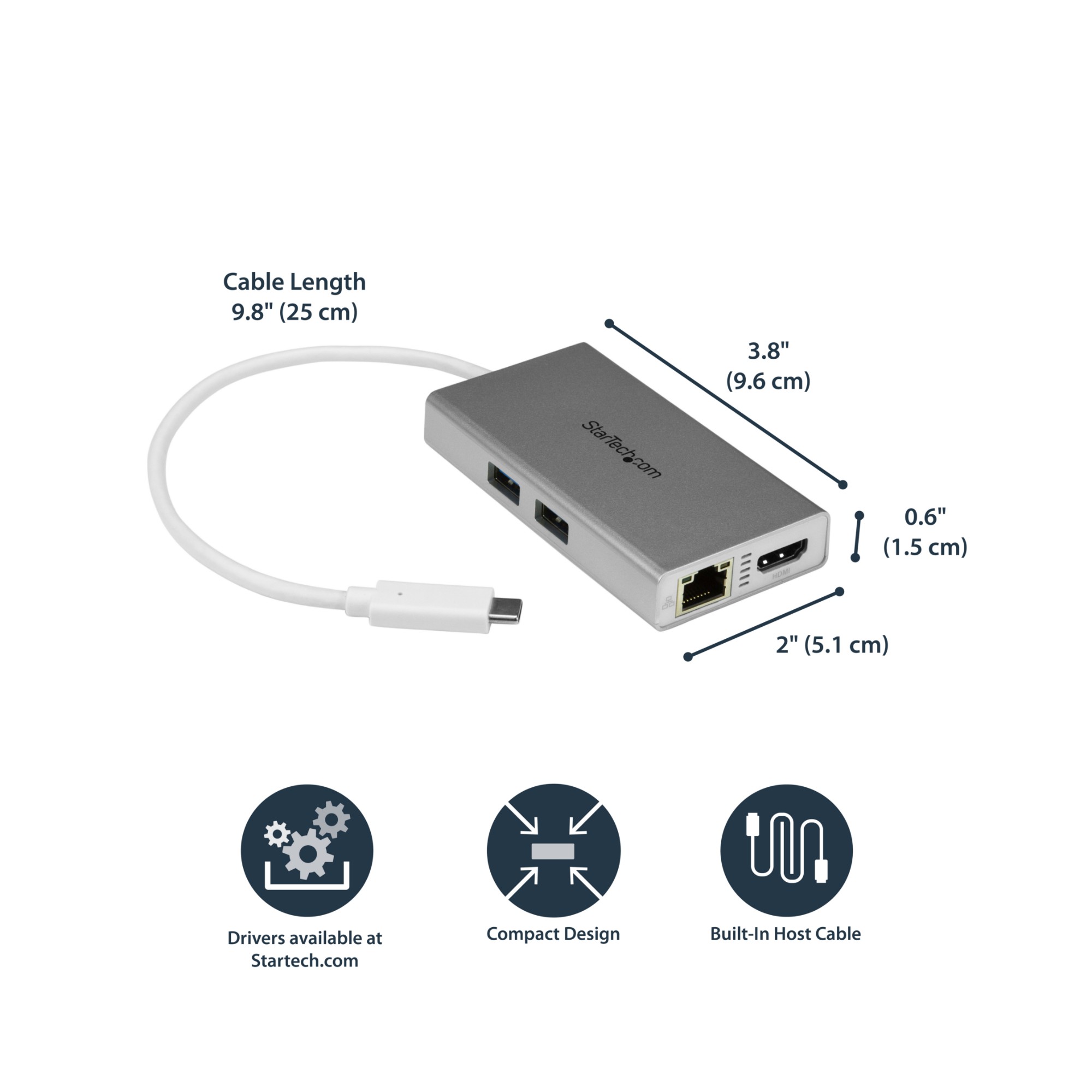 StarTech.com USB-C Multiport Adapter - USB-C Travel Docking Station w/ 4K HDMI - 60W Power Delivery Pass-Through, GbE, 2pt USB-A 3.0 Hub - Portable Mini USB Type-C Dock for Laptop - White