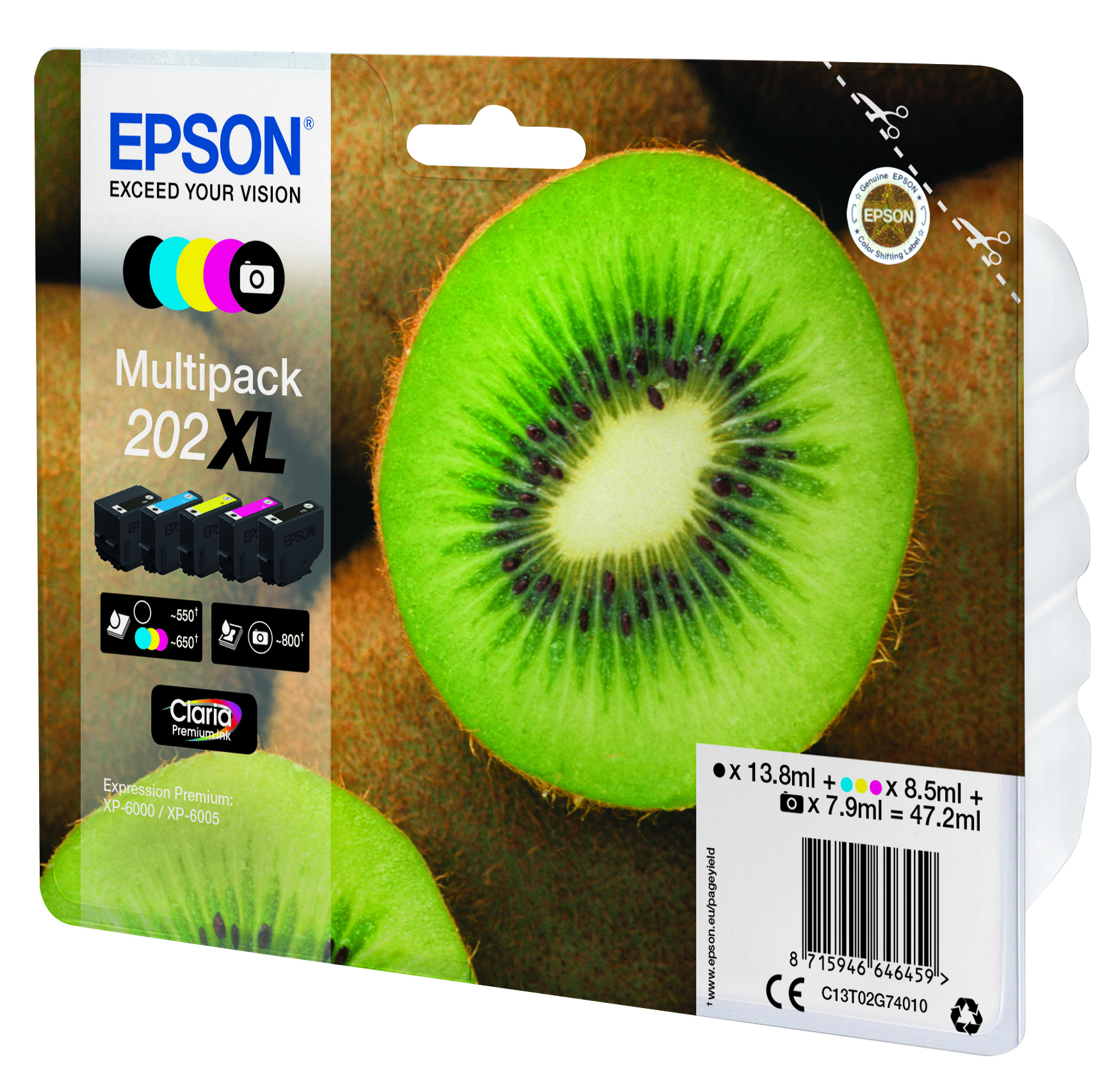 Epson 202XL Kiwi Claria Premium Ink Cartridge High Yield CMYK/Photo Black Multipack C13T02G74010