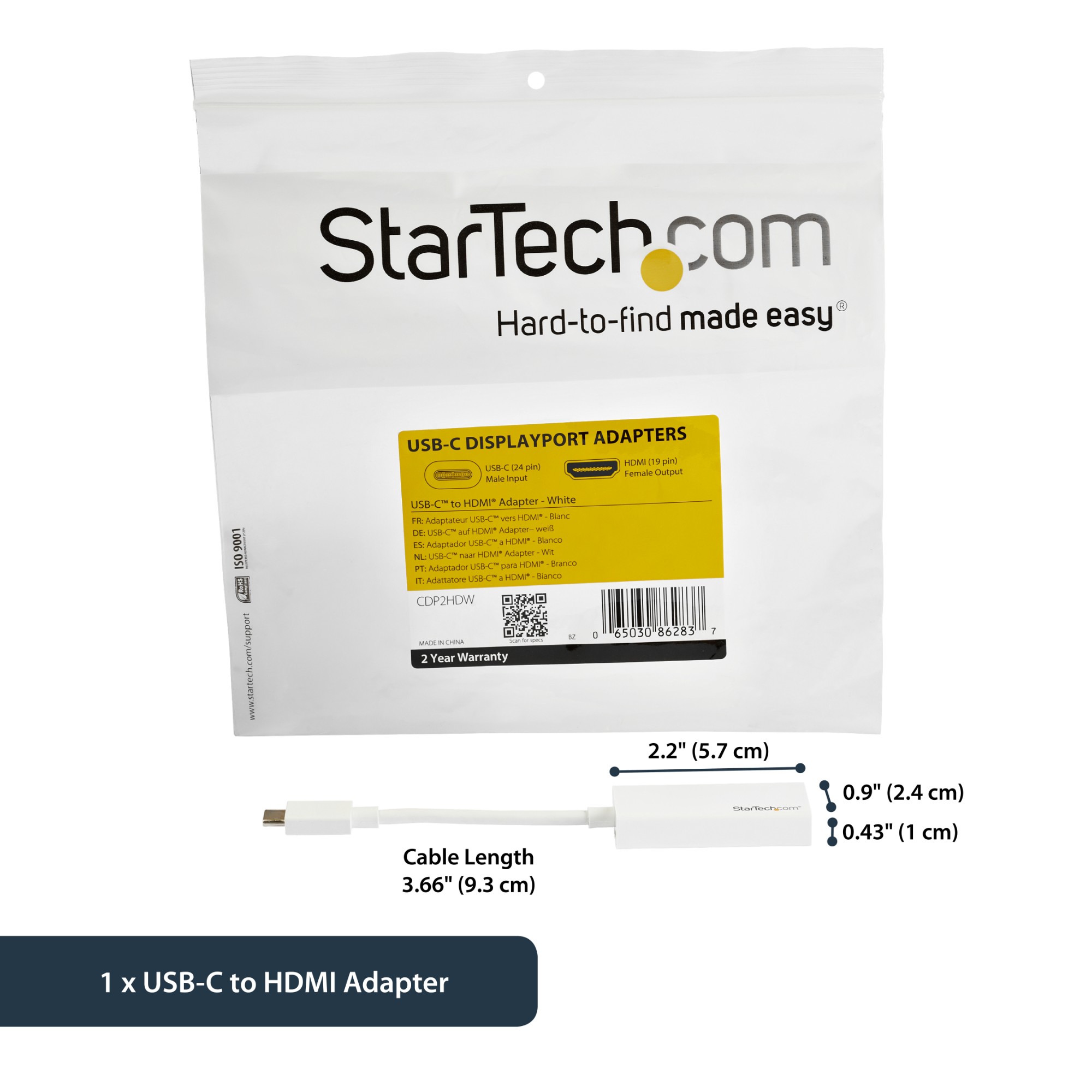 StarTech.com USB-C to HDMI Adapter with 4K 30Hz - White