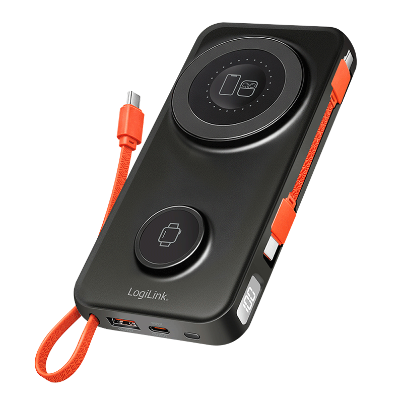 LogiLink Mobile Power Bank, LiPo, 10.000 mAh, 5 in 1 wireless charging , black