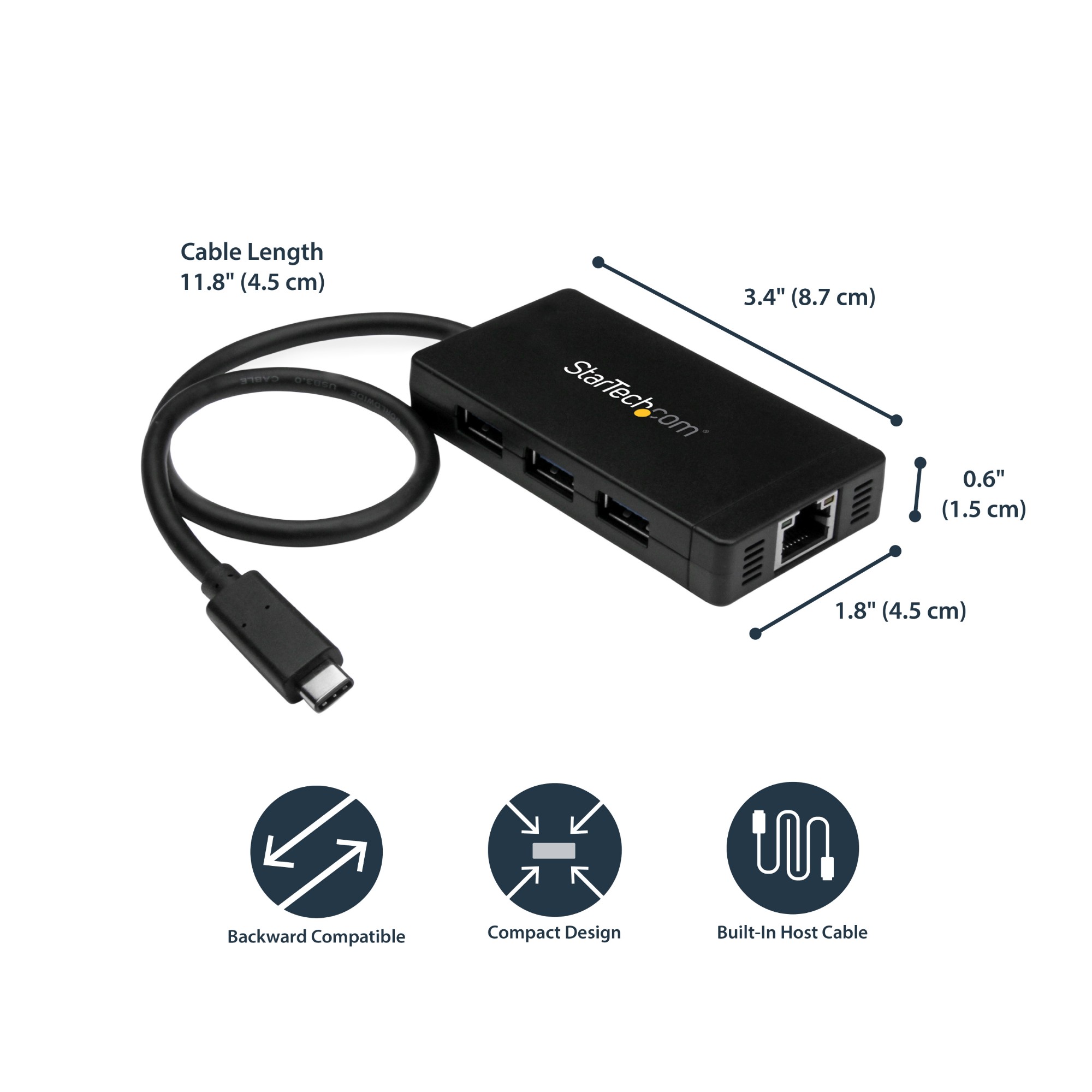 StarTech.com 3-Port USB-C Hub with Gigabit Ethernet - USB-C to 3x USB-A - USB 3.0 - Includes Power Adapter