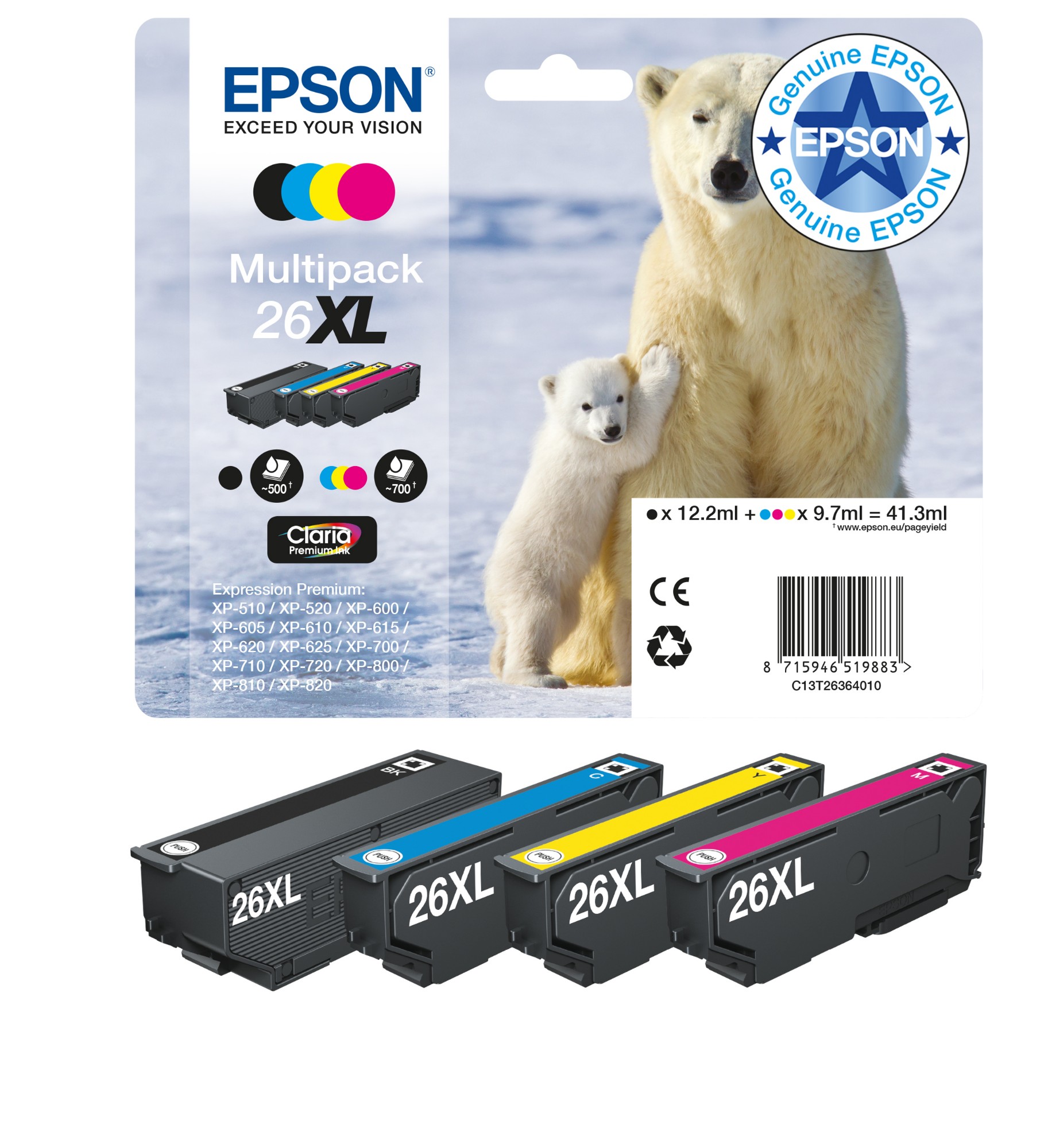 Epson C13T26364010/26XL Ink cartridge multi pack Bk,C,M,Y high-capacity XL 1x500,3x700, 12ml 3x10ml Pack=4 for Epson XP 600