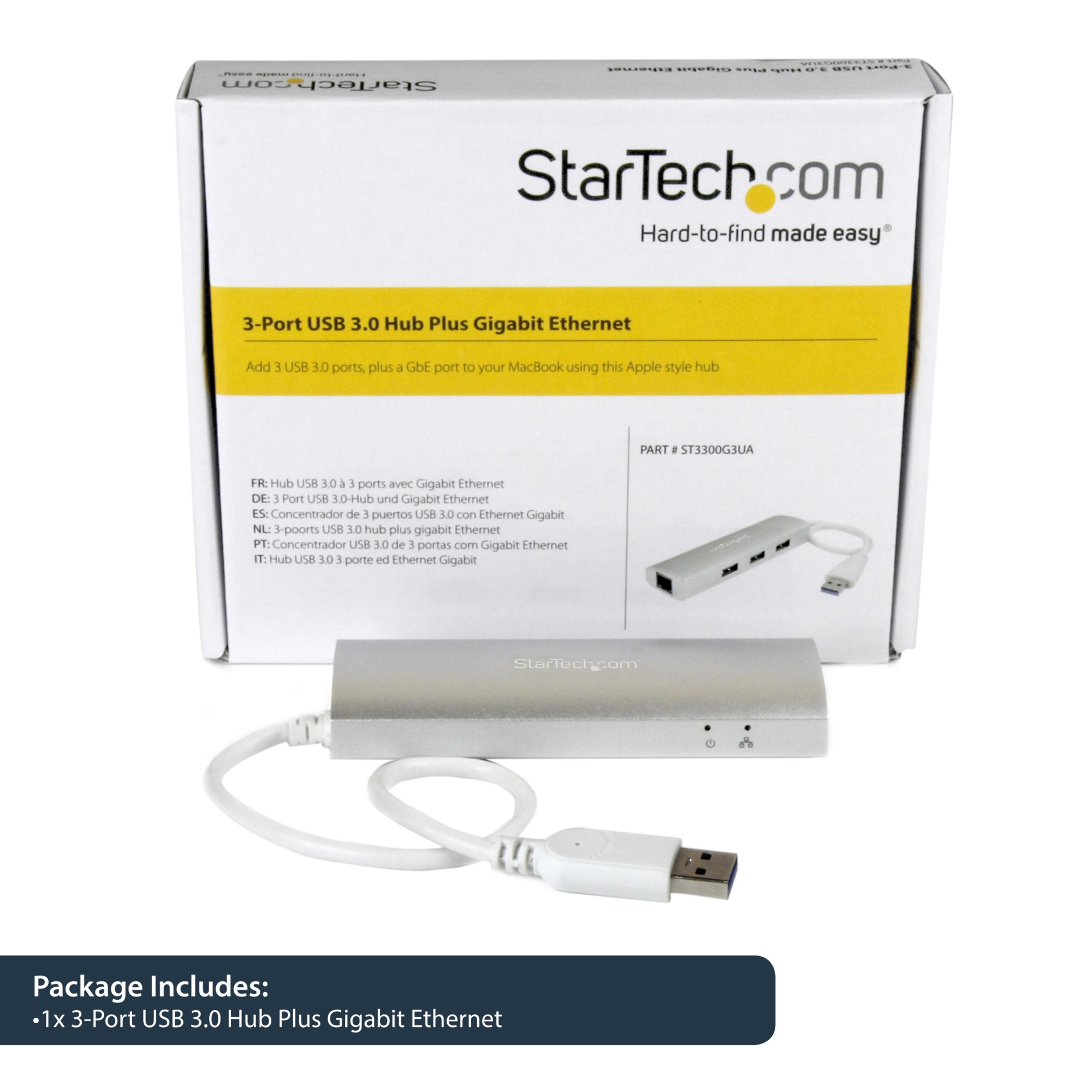 StarTech.com 3-Port Portable USB 3.0 Hub plus Gigabit Ethernet - Built-In Cable