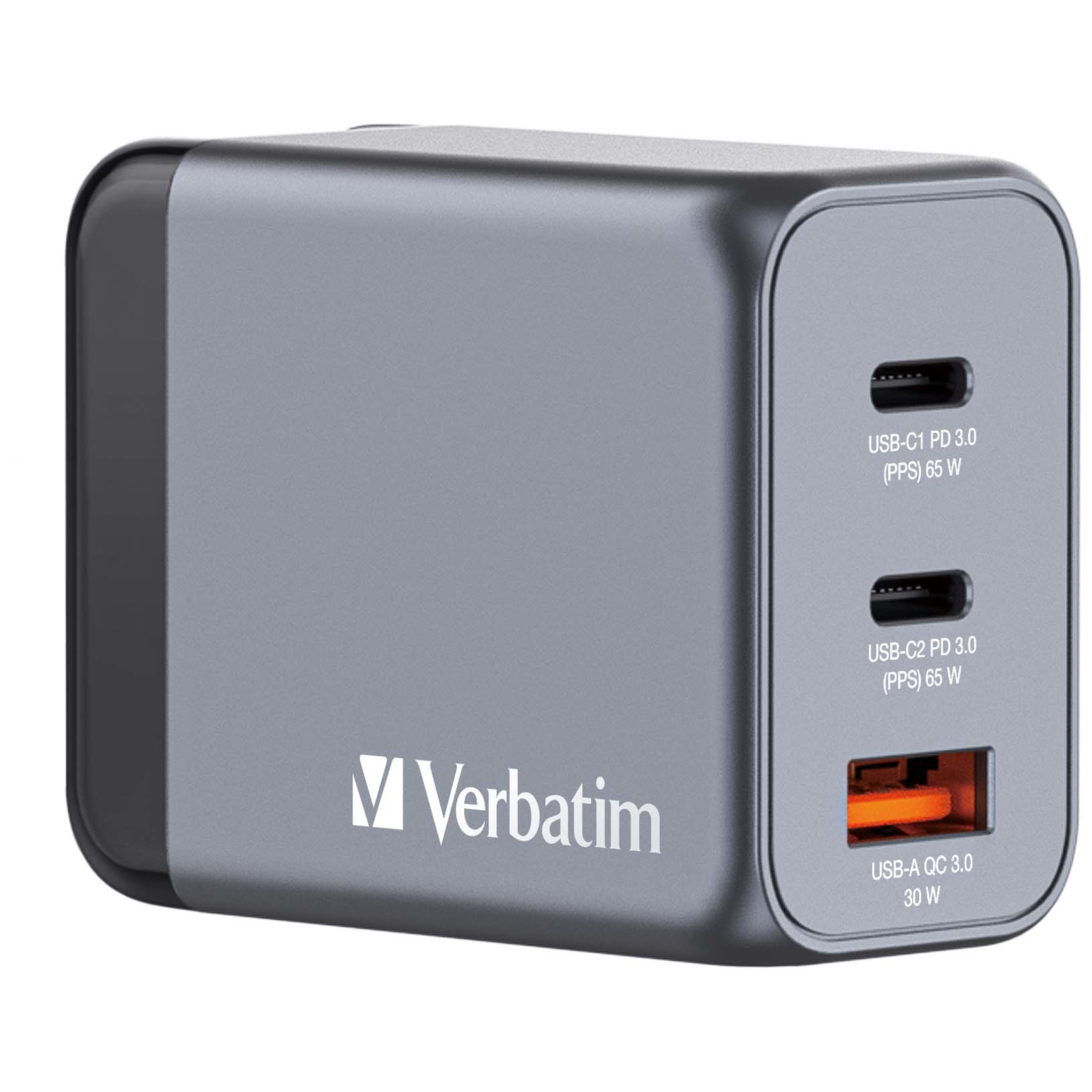 Photos - Charger Verbatim GNC-65 GaN  65W with 2 x USB-C PD 65W / 1 x USB-A QC 3 322 
