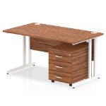 Dynamic Impulse Cantilever Straight Office Desk W1400 x D800 x H730mm Walnut Finish White Frame With 3 Drawer Mobile Pedestal - I003891 DD
